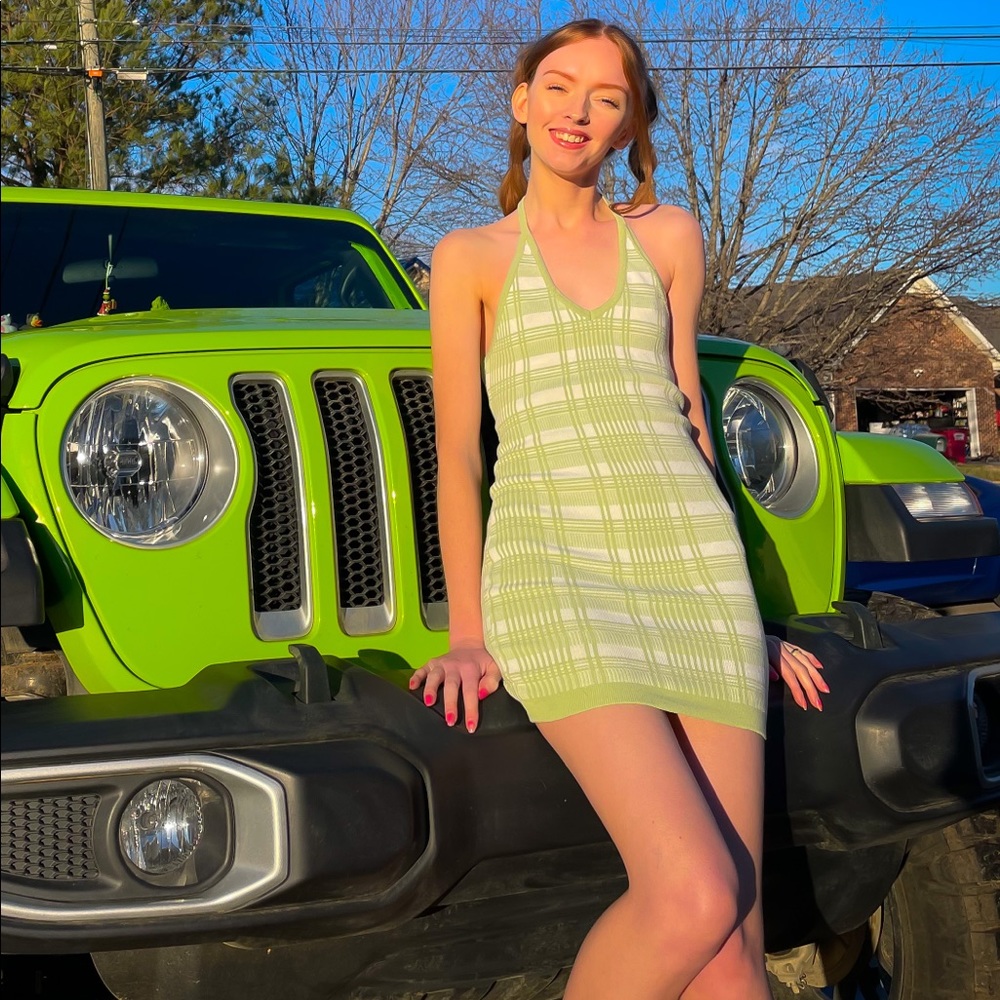 Green plaid halter top dress